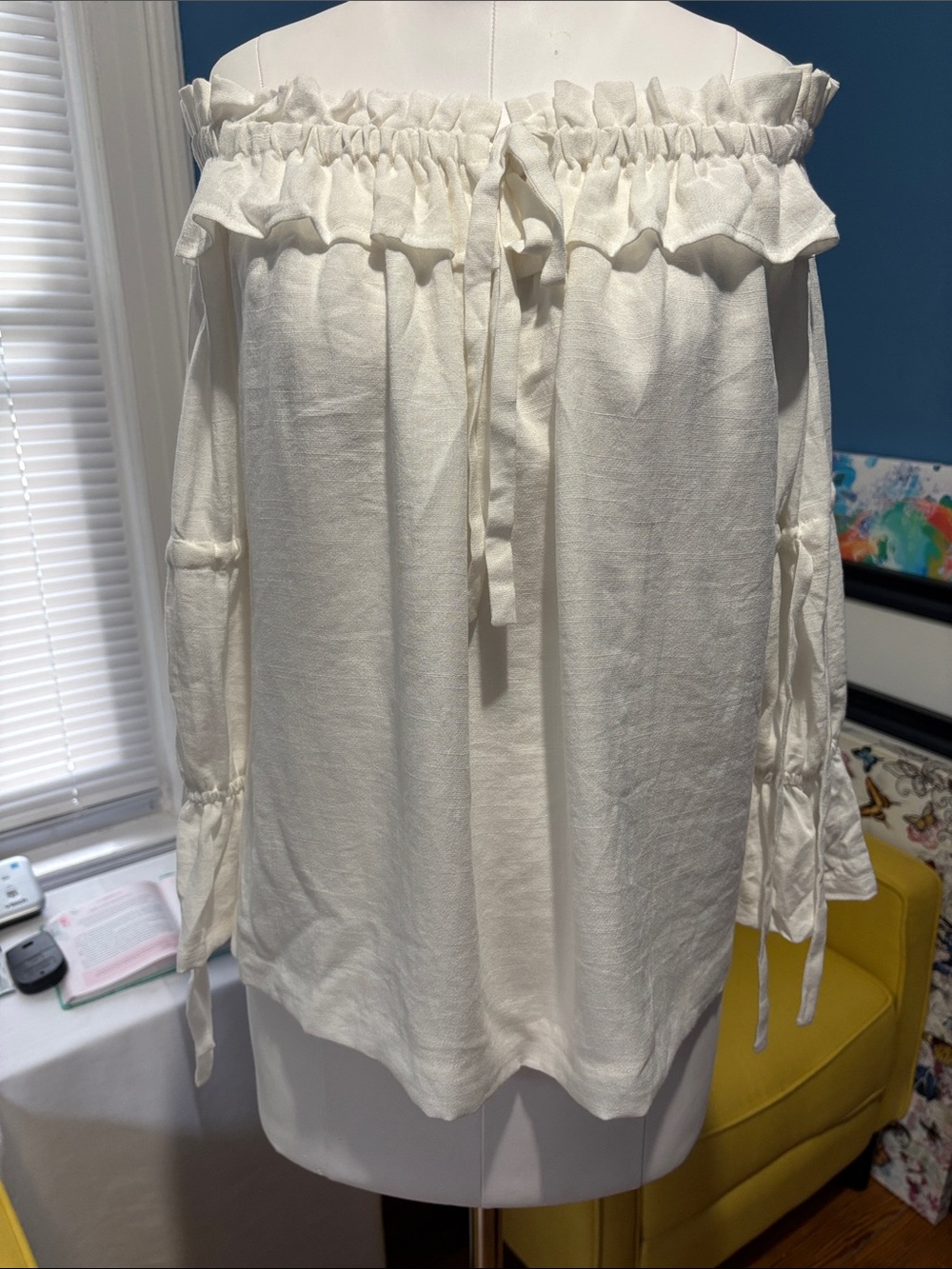 Endless Rose Cream Off-Shoulder Ruffle Tie Blouse